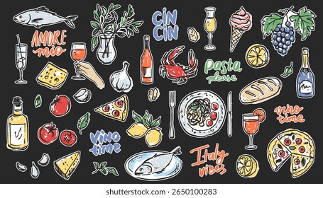 Whimsical vintage Italian food doodle with pasta, wine, cheese, and pizza. Hand-drawn sketch in line art style for menus, parties, and restaurant designs. Perfect for Mediterranean-themed graphics.