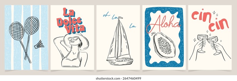 Whimsical vintage Italy beach design with tennis, boat, and La Dolce Vita woman. Mediterranean papaya, Cin Cin toast, and summer fun for prints or branding. Inspired by coastal charm.