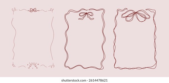 Whimsical Vintage Set Of Three Frames And Bows Elegant Outlined Hand Drawn Doodle Pink And Burgundy Colors Vector Design