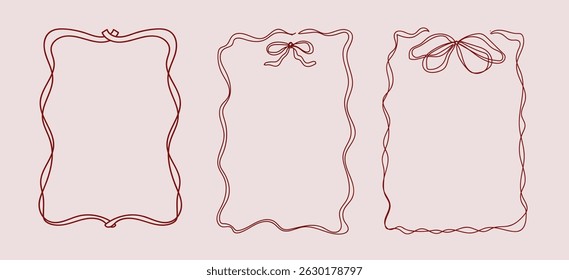Whimsical Vintage Set Of Three Frames And Bows Elegant Outlined Hand Drawn Doodle Pink And Burgundy Colors Vector Design