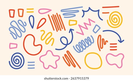 Whimsical vintage sketch bundle with lines, highlights, arrows, scribbled shapes, and comic-style thought clouds. Naive marker look ideal for children's books, worksheets, and fun graphic projects