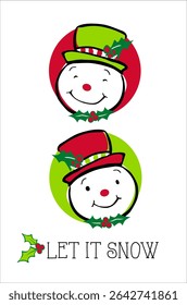 Whimsical Vintage Snowman Head Isolated Pattern with Candy Cane and Holly leafs. Let it Snow Text- Christmas Snowman Isolated Vector Illustration, good for Christmas print project