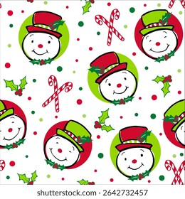 Whimsical Vintage Snowman Head Seamless Pattern with Candy Cane and Holly leafs- Christmas Snowman Head Vector Illustration, good for Christmas print project
