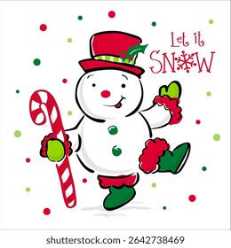 Whimsical Vintage Snowman Isolated Pattern with Candy Cane and Holly leafs. Let it Snow Text- Christmas Snowman Isolated Vector Illustration, good for Christmas print project