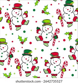 Whimsical Vintage Snowman Seamless Pattern with Candy Cane and Holly leafs- Christmas Snowman Vector Illustration, good for Christmas print project