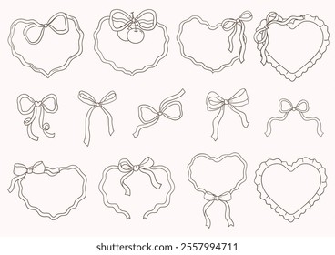 Whimsical Vintage Valentine's Ribbon Border Frame Outline. Vector Illustration