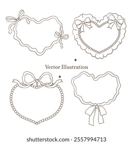 Whimsical Vintage Valentine's Ribbon Border Frame Outline. Vector Illustration