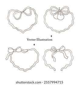 Whimsical Vintage Valentine's Ribbon Border Frame Outline. Vector Illustration