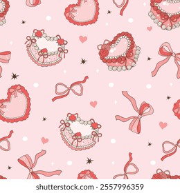 Whimsical Vintage Valentine's Ribbon Seamless Pattern. Vector Illustration