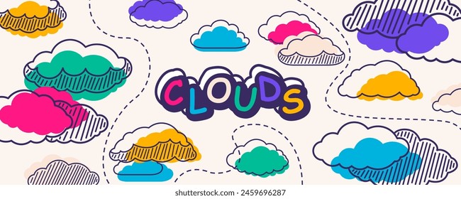 Whimsical vivid clouds with lines, striped structures, comic fun letters sign. Unique vibrant sky, vector illustration.