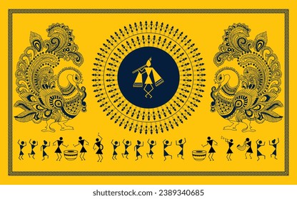 Arte Warli caprichoso: Shri Krishna, músicos, celebraciones y la alegre Revelación del Pavo Real. Ilustración, vector, dibujo.