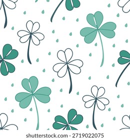 Whimsical watercolor clover seamless pattern with pastel splashes and drips on white concept as Whimsical watercolor clovers with pastel splashes and drips forming a playful seamless pattern ideal for creative projects in Photo Stock Concept and empty space on the left side,no text --ar 7:2 --tile