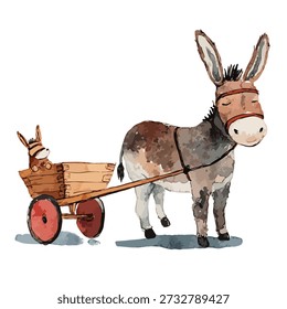 Whimsical watercolor donkey pulling a rustic wooden cart with a baby animal. Perfect for children's book illustration, farm animal art, or cute designs.