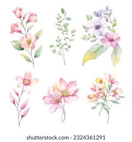 Flores de hadas de acuarela caprichosas sobre fondo blanco - Conjunto de clipart