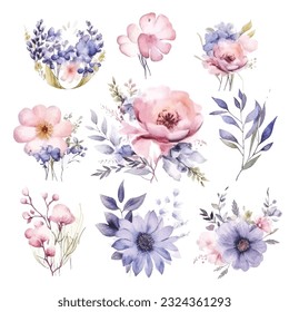 Whimsical Watercolor Fairy Flowers on White Background - Clipart Set