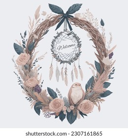 Whimsical Watercolor Floral Wreath Wedding Invitation Ornament with Feather and Dreamcatcher.