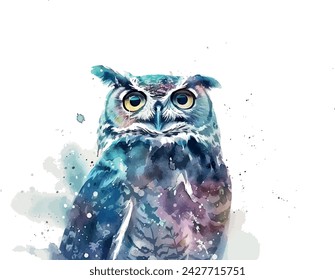 A whimsical watercolor owl with eyes like glowing moons in a starry night, animals, watercolor style, white background, with copy space