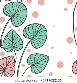 Whimsical watercolor Pilea seamless pattern with pastel splashes and drips on white concept as Whimsical watercolor Pilea leaves with pastel splashes and drips forming a playful seamless pattern ideal for creative projects in Photo Stock Concept and empty space on the left side,no text --ar 7:2 --tile