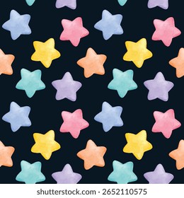 Whimsical Watercolor Stars Seamless Pattern on Black Background for Baby Designs