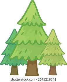 Whimsical Watercolor Style Group of Three Pine Trees in Varied Hues