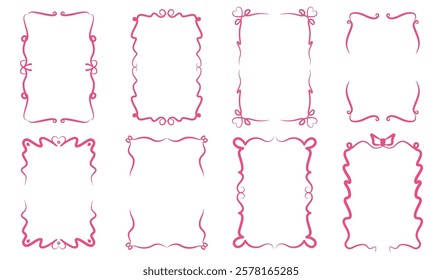 Whimsical wavy frames graphic templates, trendy decorative outline borders with curly lines and empty space romantic doodle collection. Aesthetic hand drawn filigree linear ornate vector illustration