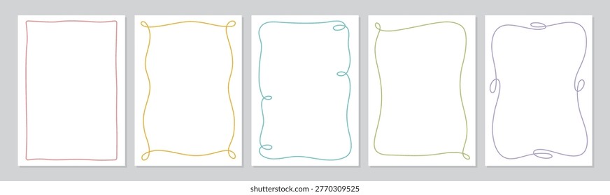 Whimsical wavy outline frame in soft red, yellow, blue, green and violet. Vertical border set as simple hand drawn sketch line. Cute frame collection suit invite or card, wedding or birthday