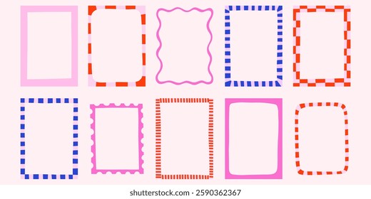 Whimsical wavy striped checkered colorful retro vector frames se