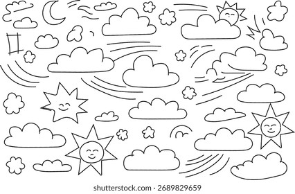 Whimsical Weather Pattern with Sun Moon Clouds and Wind Illustrations