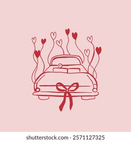 Whimsical wedding car with bow and hearts. Doodle vector illustration