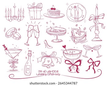 Whimsical wedding ceremony icons set. Doodle stickers in trendy style with cocktail, food and rings. Design for menu and holiday invitation. Hand drawn vector illustration isolated on background