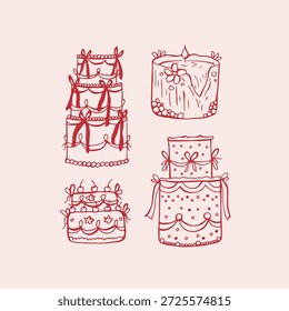 Conjunto de pastel de cereza de boda caprichoso. Ilustración vectorial rococó