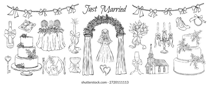Whimsical wedding day romance doodle collection. Vintage hand drawn arch, cake, bouquet, candle, church, table, champagne, bow garland and party ink icons