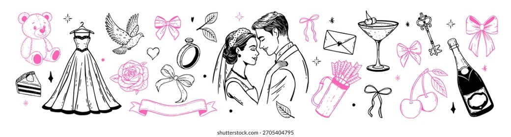 Conjunto de elementos de casamento fantástico. Vintage mão desenhada noiva, vestido, urso, rosa, anel, arcos, champanhe, presentes, cerejas e símbolos de amor em estilo de esboço