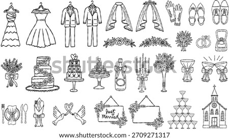 Whimsical wedding elements. Hand drawn line art vector illustrations of bride and groom's attire, accessories, and other decorative elements.