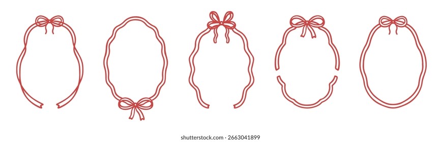 Whimsical wedding frame doodle set. Coquette boarders with bows and ribbons in sketch style. Hand drawn Vintage vector illustration for Valentine’s Day