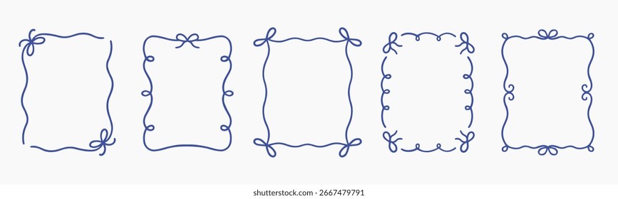 Whimsical wedding frame doodle set. Coquette boarders with bows and ribbons in sketch style. Hand drawn Vintage vector illustration for Valentine’s Day