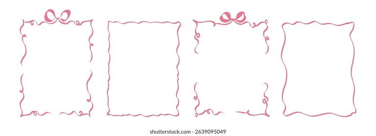 Whimsical wedding frames. Hand drawn coquette borders with ribbon and bow in simple crayon and sketch style. Trendy art for bachelorette party and wedding invitations. Doodle vector illustration