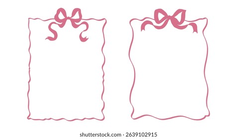 Whimsical wedding frames. Hand drawn coquette borders with ribbon and bow in simple crayon and sketch style. Trendy art for bachelorette party and wedding invitations. Doodle vector illustration
