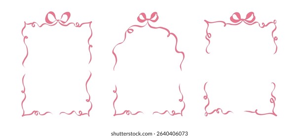 Whimsical wedding frames. Hand drawn coquette borders with ribbon and bow in simple crayon and sketch style. Trendy art for bachelorette party and wedding invitations. Vintage vector illustration