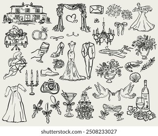 Whimsical Wedding - handdrawn illustration set for a magical wedding design 