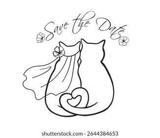 Whimsical wedding line art featuring two cats as bride and groom, complete with a veil and flower. Above them is the handwritten phrase “Save the Date,” loving couple of cats  bride and groom