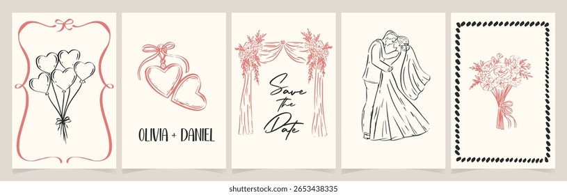 Cartão de festa de casamento fantástico com vinho desenhado à mão, coquetel de vidro, champanhe, queijo e bolo em vintage doodle esboço. Conjunto de esboços de tinta de bebidas para menu de celebração de mulher ou convites vetoriais
