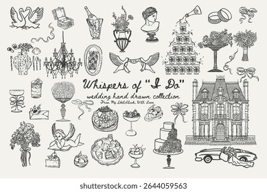 Whimsical wedding set with palace, couple in car, cakes, swans, food, florals and champagne tower. Rich romantic elements for event design and decor. Vector illustration.