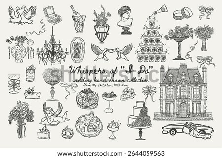 Whimsical wedding set with palace, couple in car, cakes, swans, food, florals and champagne tower. Rich romantic elements for event design and decor. Vector illustration.
