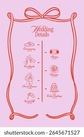 Cronograma de casamento fantástico com ícones lineares de doodle para o jantar, primeira dança, corte de bolo. Ilustração vetor limpo romântico para sinais imprimíveis, programas de cerimônia da noite.	