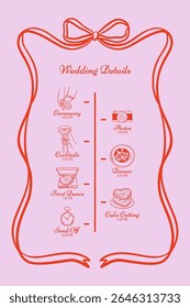 Whimsical wedding timeline with ribbon frame, pastel icons for ceremony and party. Cute hand drawn doodle line art style for welcome signs, planning boards, printed programs.	
