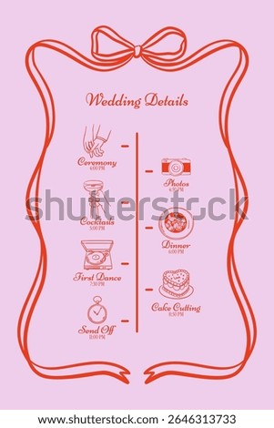 Whimsical wedding timeline with ribbon frame, pastel icons for ceremony and party. Cute hand drawn doodle line art style for welcome signs, planning boards, printed programs.	

