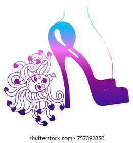 Whimsical, weird, mysterious and surrealistic vector illustration of medusa head and high heel shoe