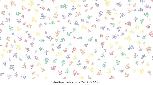 A whimsical white background is speckled with a variety of colorful leafy designs including red, orange, yellow, green, blue, and purple, creating a lighthearted and nature-inspired effect suitable