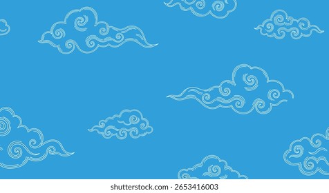 Whimsical white clouds floating across a vibrant blue sky background illustration